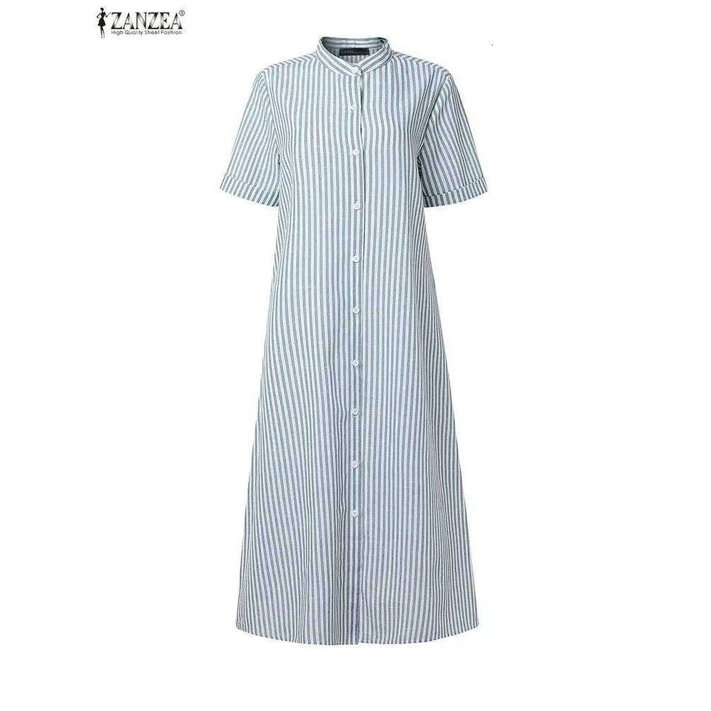 ZANZEA Women's Casual Striped Midi Dresses Stand Collar Short Sleeve Buttons Shirtdress Spring Summer Holiday Woman Clothes 3XL XJ260131