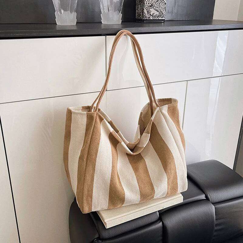 Summer Stripe Canvas Tote Female Casual Large Capcity Simple Shoulder Bags Shopping Handbag Daily Totes Bag XJ260130