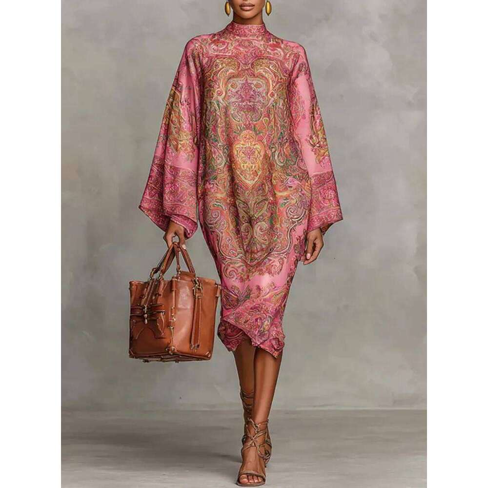 UOOZEE Women's Vintage Printed High Neck Kaftan Dress Long Sleeves Loose Elegant Evening Midi Dresses Robe 2026 New