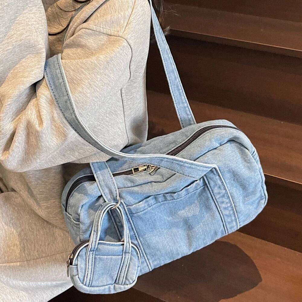 Large Capaci Denim Shoulder Women's Casual Sle Pillow Commuter Handbag Tote balos Soft Fabric Zipper Closure