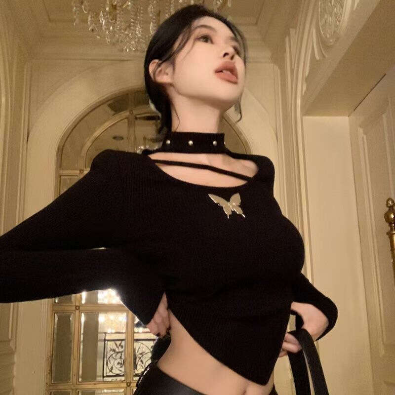 Irregular Bowknot U-Neck Long Sleeve T-Shirt For Women, Spring, Autumn, Winter, High-End, Pure Desire, Slim Fit, Regular Shoulder, Base Shirt, Top