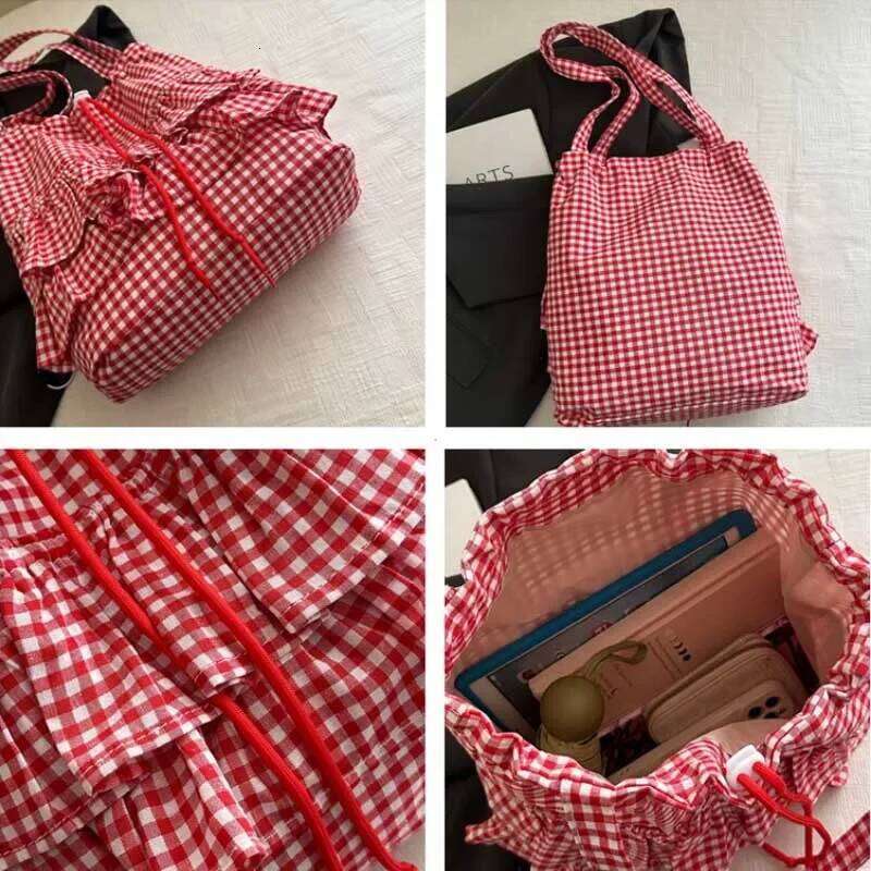Large Capaci Cute Plaid Cotton Tote Bag Lace Trim Women's Summer 2025 Simple Lady Handbag Soft Shoulder Bags Bolsa Feminina