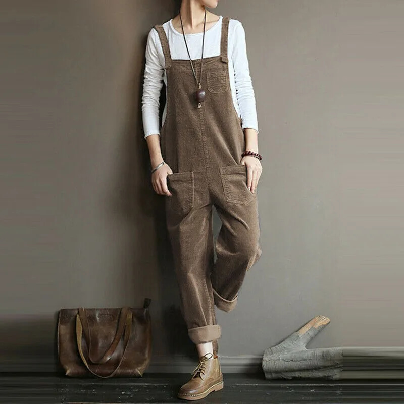 S5XL Women Corduroy Jumpsuit Pocket Wide Leg Solid Color Loose Sleeveless Simple Autumn Playsuits Rompers Streetwear 260120