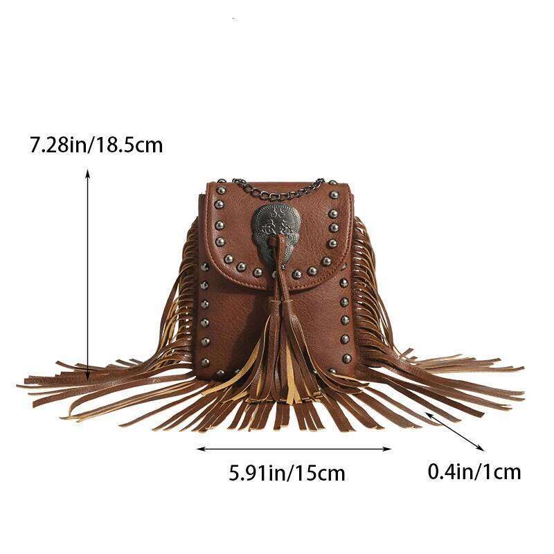 Women's Crossbody Vintage Tassel Shoulder Bag For Women Leather Punk Rivet Zipper Wallet Travel
