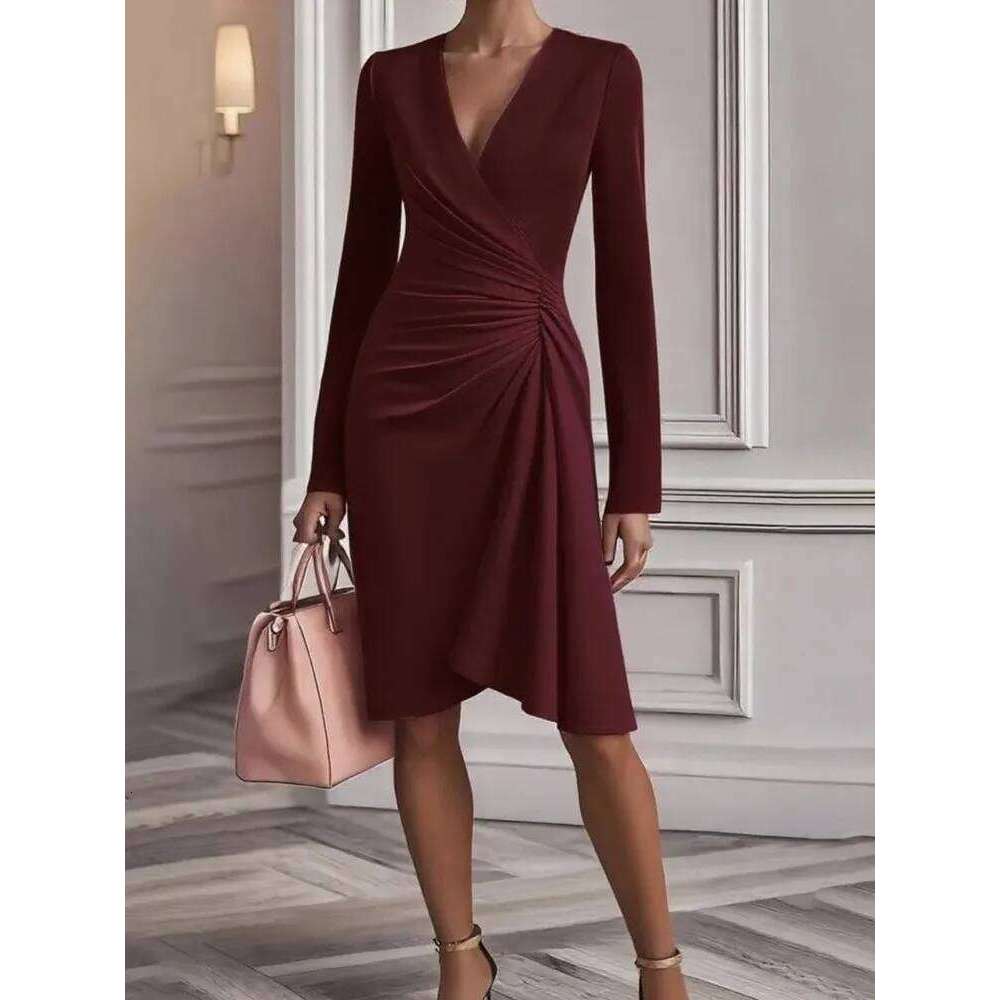 Fashion V Neck Dress For Women Elegant Solid Long Sleeve Waist Loose Dresses Vestidos Robe Femme Chic High Street Clothes XJ260131