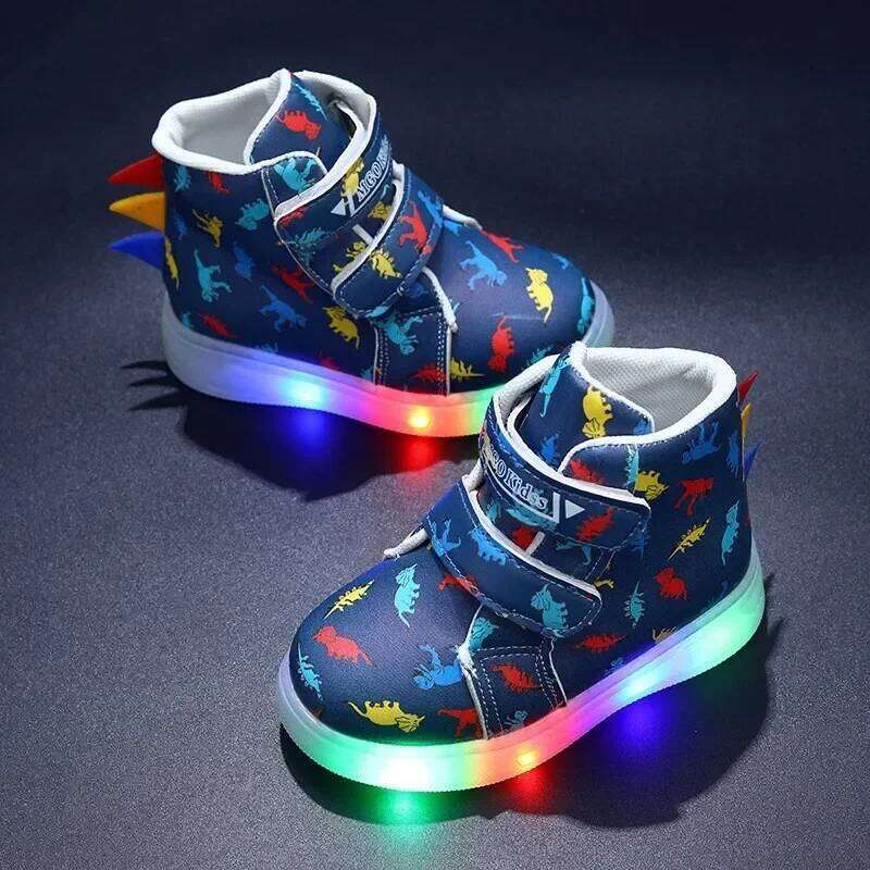 Children's High Top Sneakers 2024 New LED Lighted PU Kids Fashion Dinosaur Print Boys Casual Luminous Board Shoes Y260128