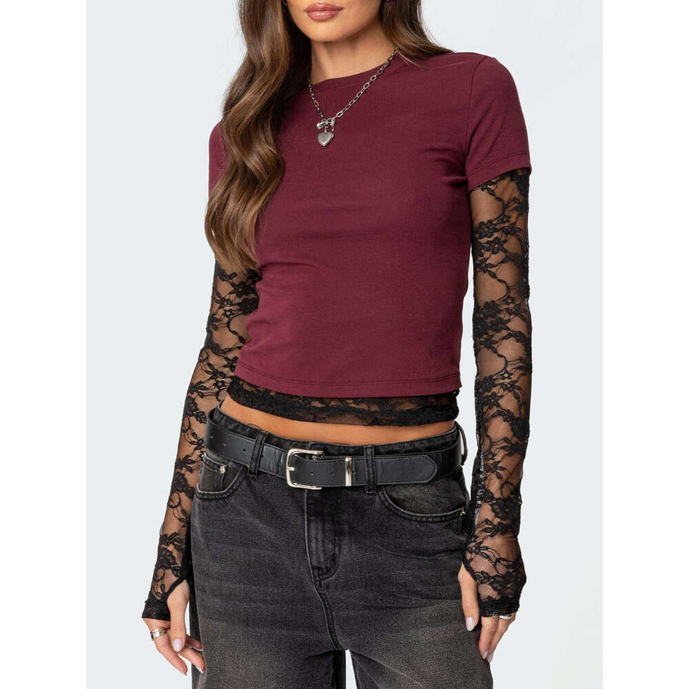 European and American Foreign Trade Women's Y2K New Lace Patchwork Fake Two-Piece Long Sleeve Round Neck T-Shirt