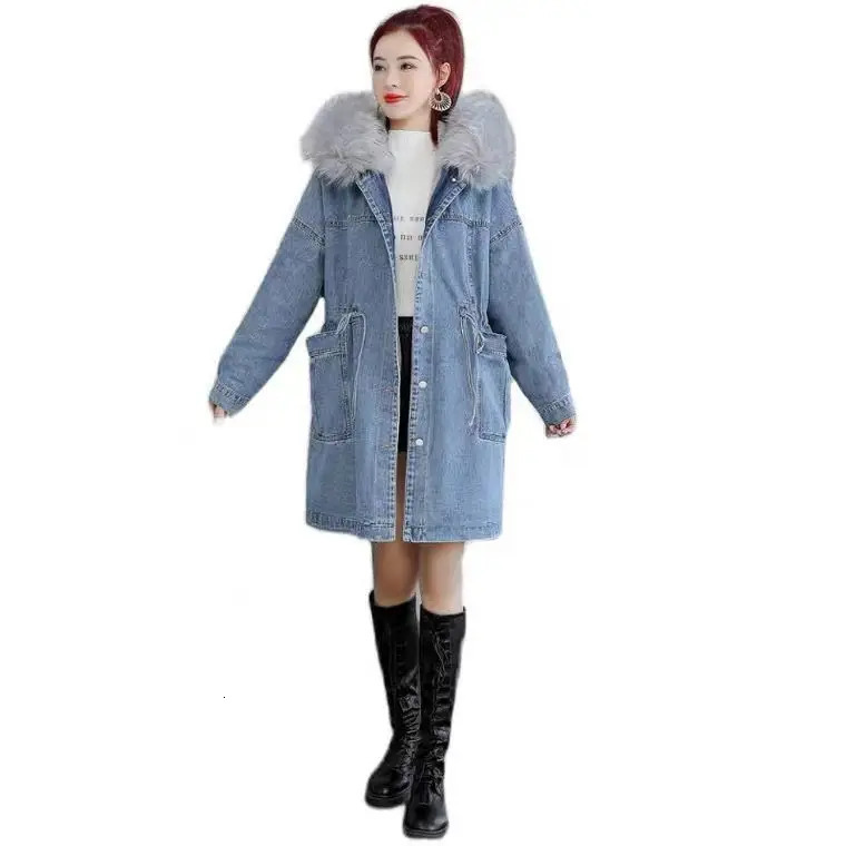 Winter Denim Coat For women Add Velvet Thickened Hooded Cowboy Overcoat Korean Loose Female Midlength Jacke Plus Size 260120