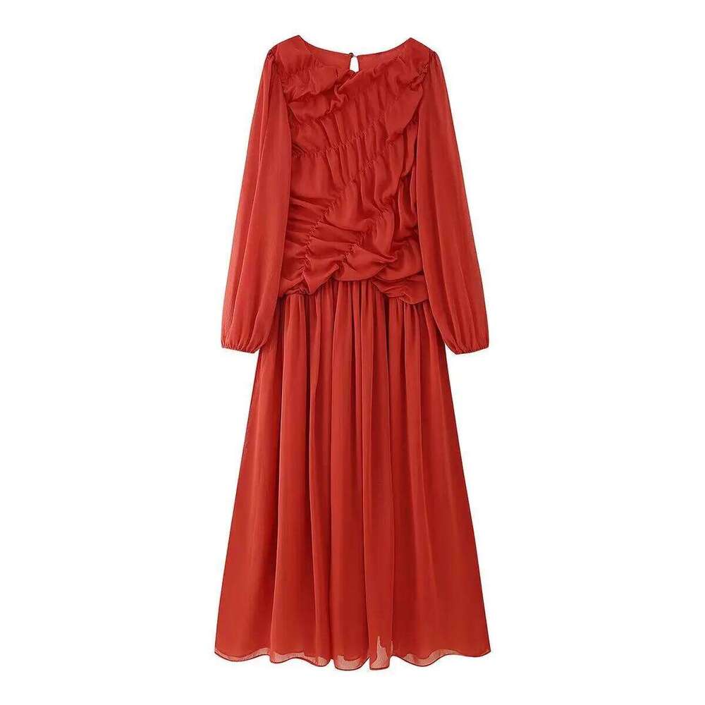 Elegant Pleated Lantern Sleeve Long Women O-Neck Folds Loose Holiday Beach Dress Summer Chic Vestidos