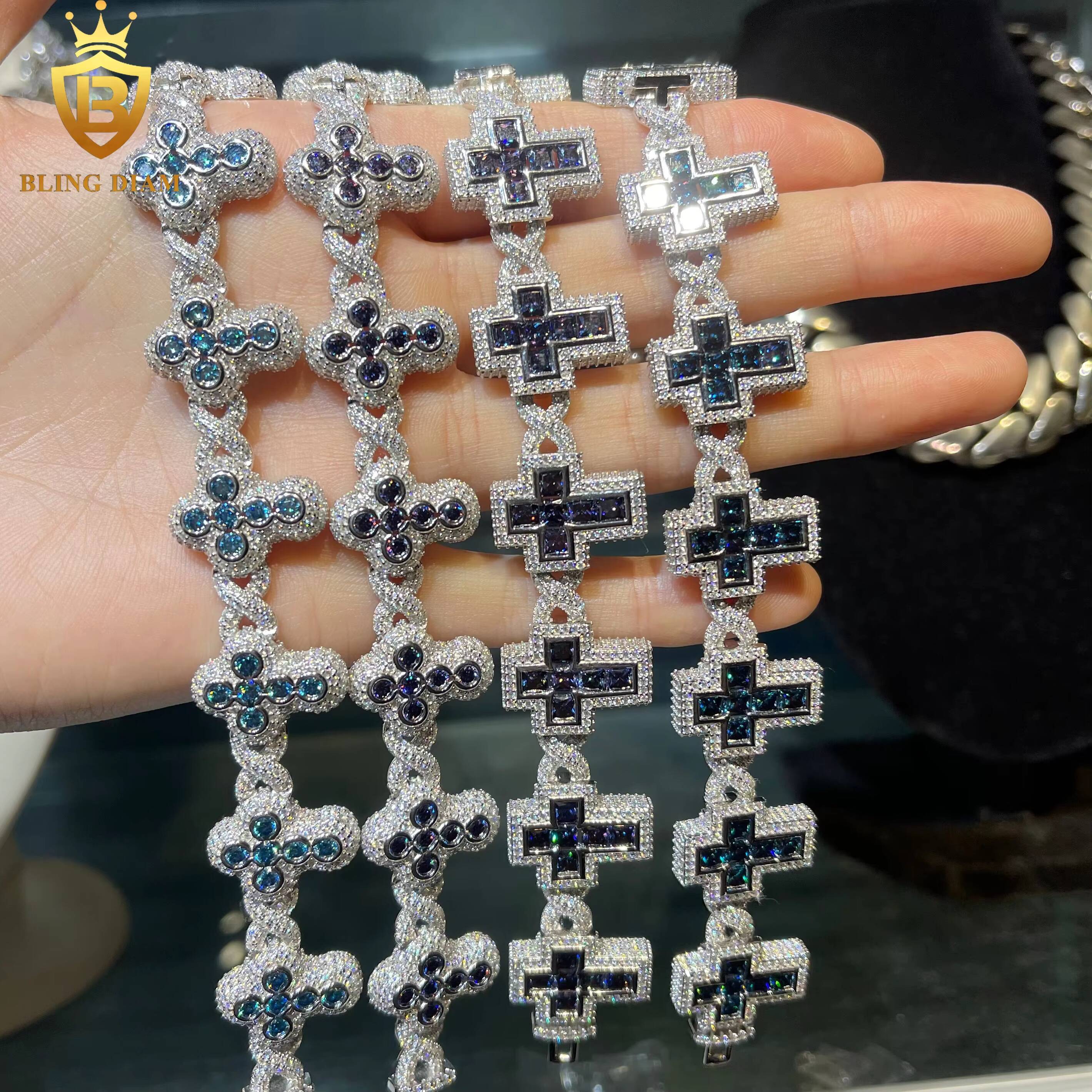 New Cuban Bracelet Cross 4 Clover Flower Hip Hop Men Charms for Jewelry 925 Sliver Green Blue Purple Yellow Red Moissanite
