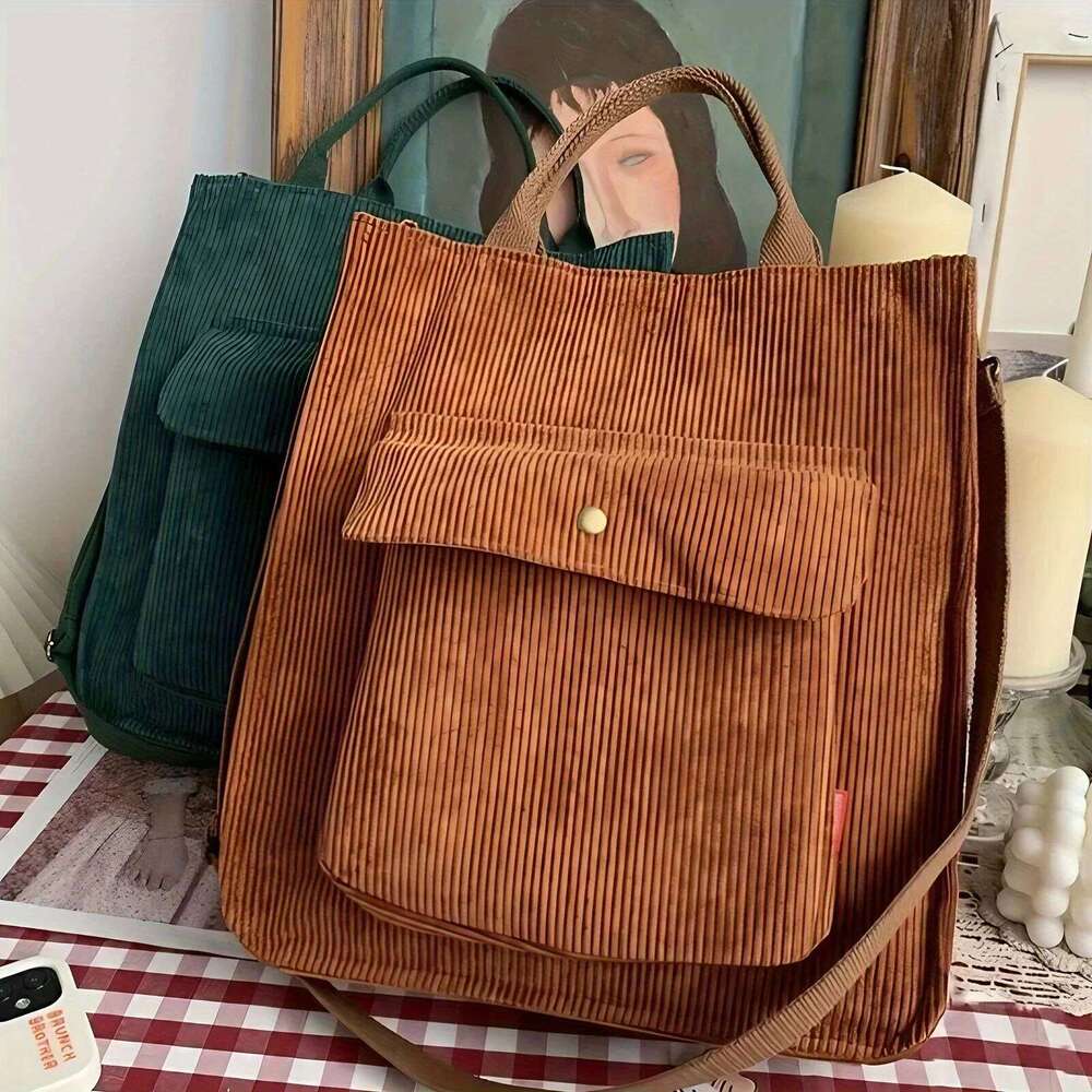 Women's Vintage Corduroy Tote Stylish Multiple External Pockets Shoulder Bag Soft Large Capacity Commuting Handbag