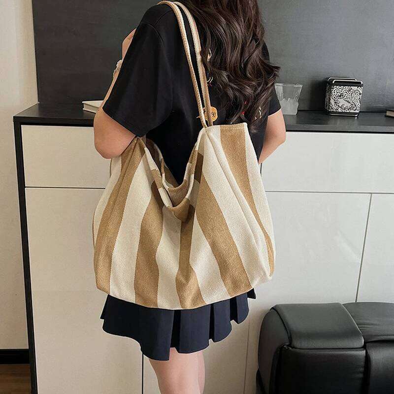 Summer Stripe Canvas Tote Female Casual Large Capcity Simple Shoulder Bags Shopping Handbag Daily Totes Bag XJ260130