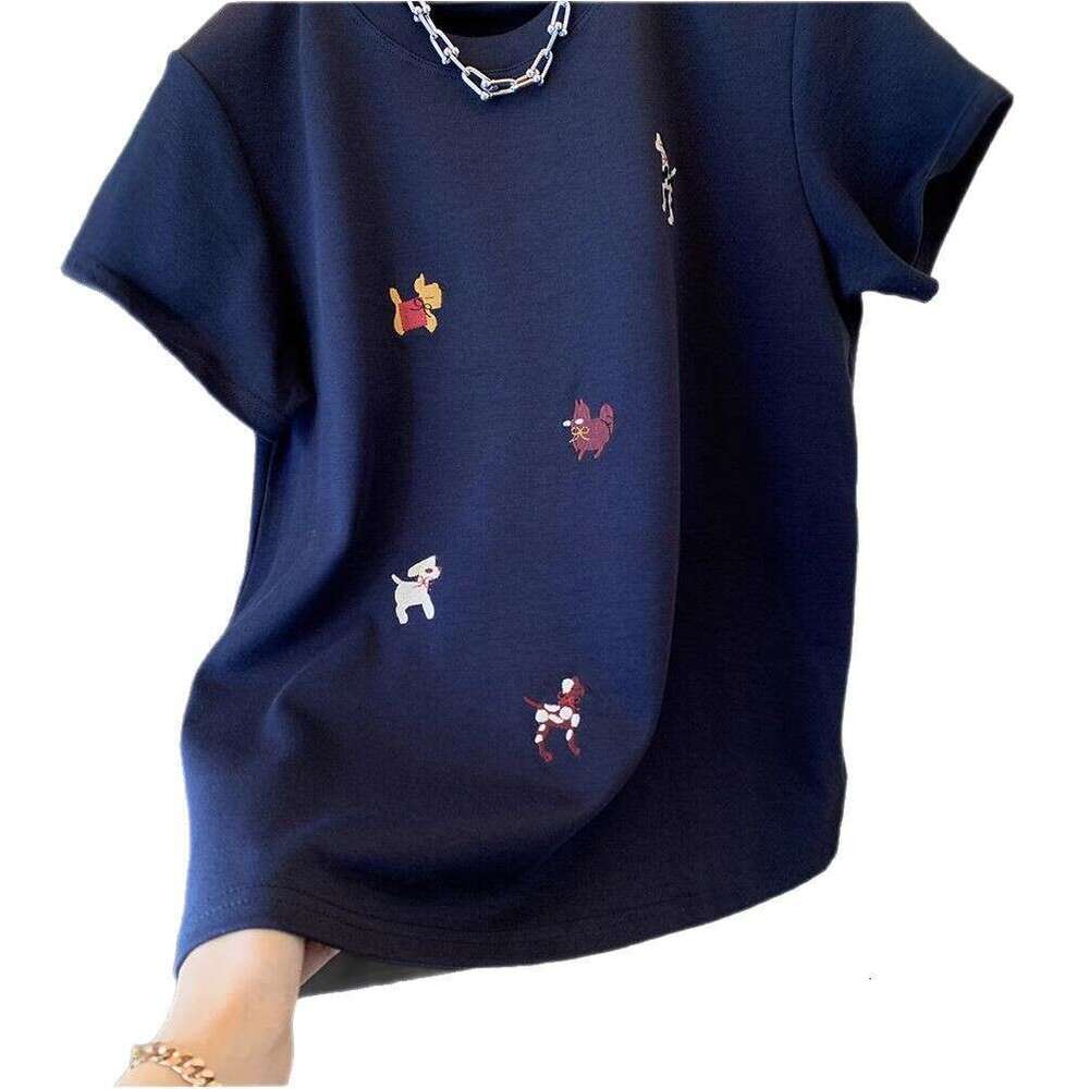 European Goods 150Kg Extra Large Embroidered Cartoon Brushed Cotton Short Sleeve T-Shirt Base Shirt For Women Spring And Autumn Loose Versatile Top