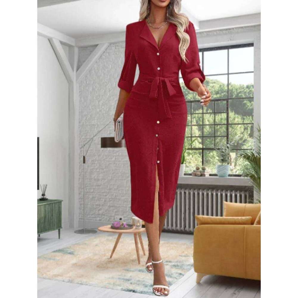 Lady Button Lapel Long Sleeved Solid Color Women's Lace Up High Street Fashion Autumn Spring Elegant Dress XJ260131