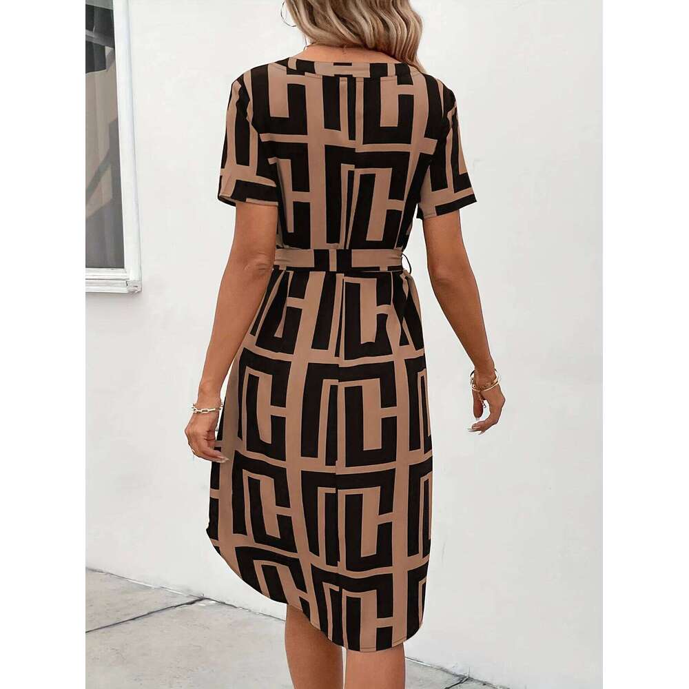 European American temperament, light and mature short sleeved plaid dress, summer vacation small hem belt, V-neck A-line mid XJ260131