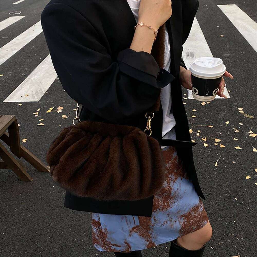 Ladies Casual CrossbodyBag Soft Furry Surface Crinkle Detailing Spacious Interior Removable Shoulder Strap Versatile Commute Bag XJ260131