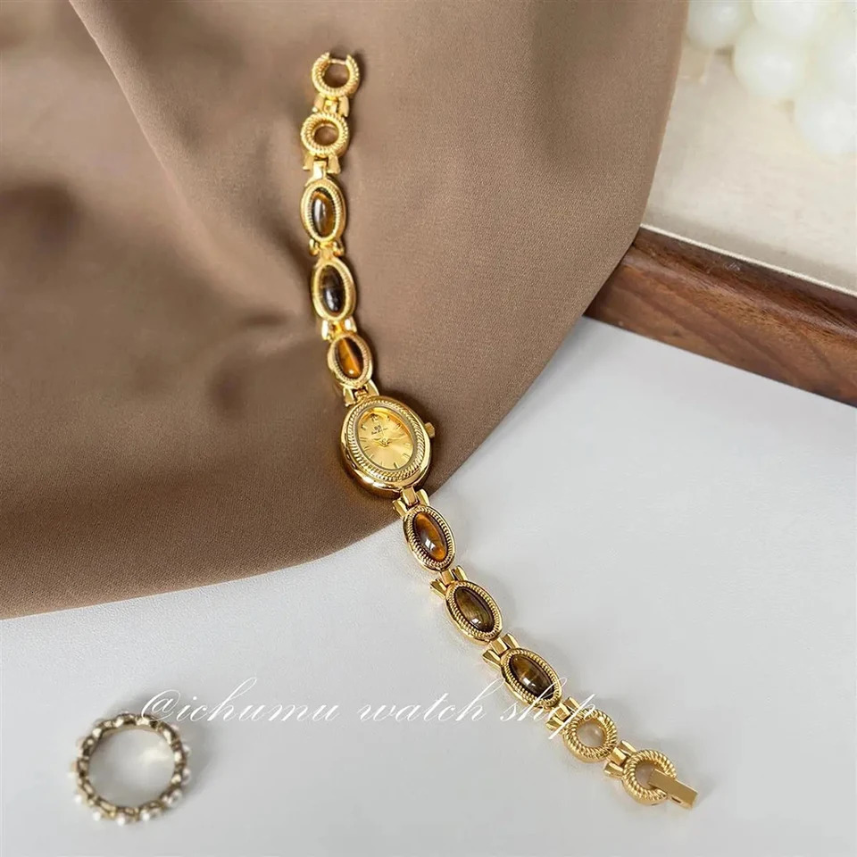 Womens Gold Watch Vintage Brown Jade Bracelet Small Dial Quartz Daily Wear Party Clock Waterproof Ladies Watches Gifts 260126