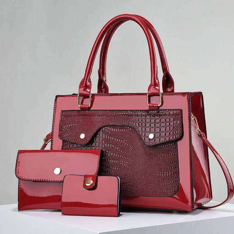 Women's fashion simple crocodile texture leather bag three-piece set wallet card case handbag