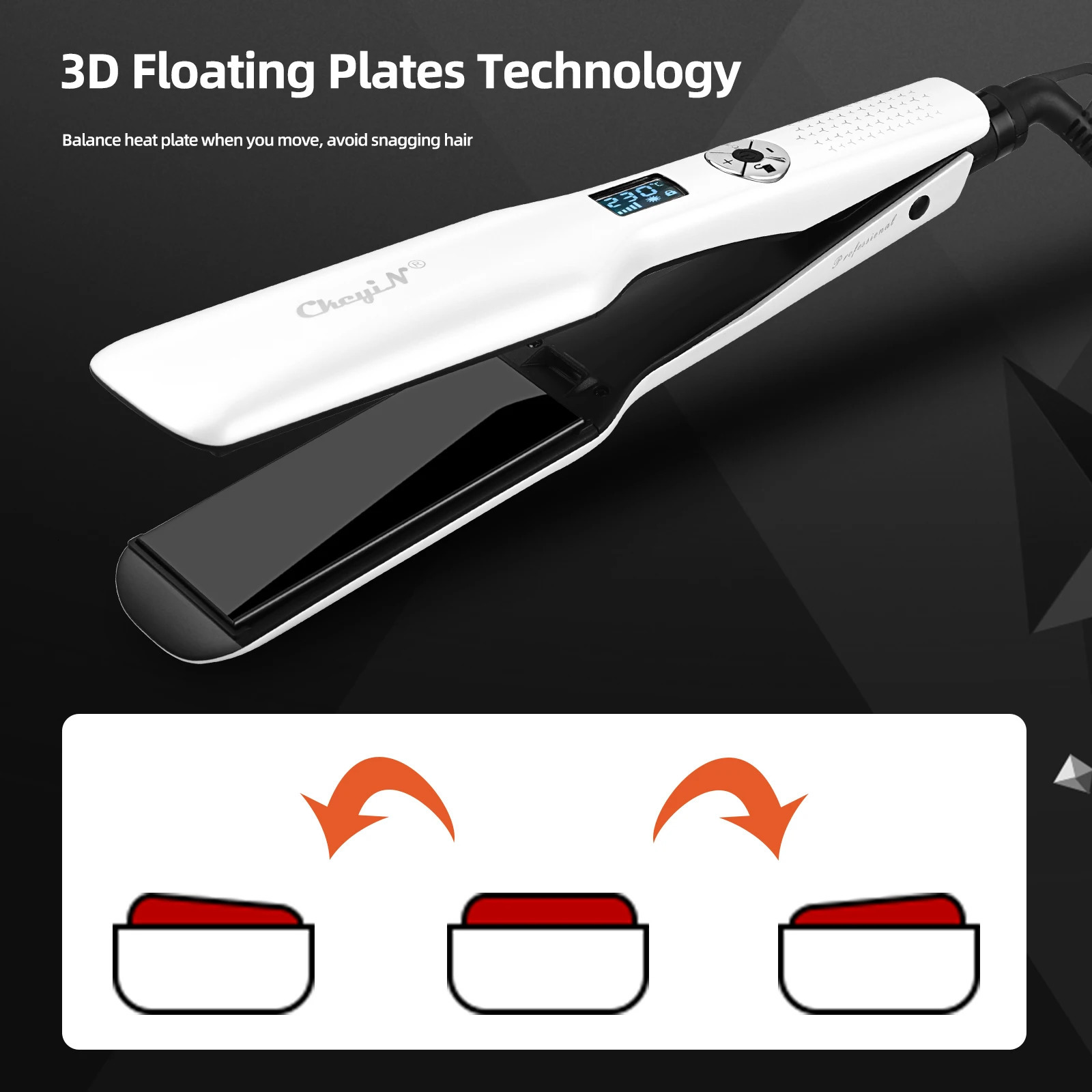 CkeyiN 44mm Tourmaline Ceramic Hair Straightener LCD Display Fast Heating Flat Iron Adjustable Temperature Straightening 260122