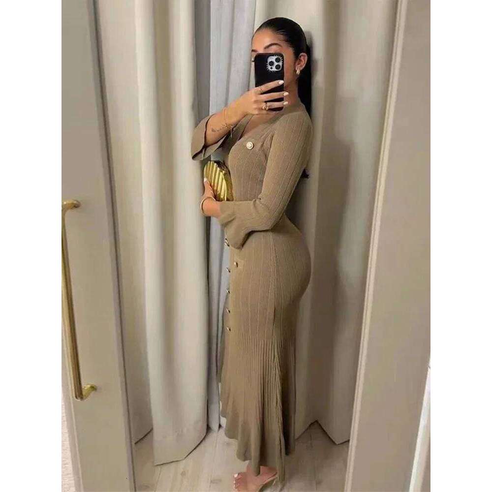 Elegant Solid Knitted Dresses For Women Fashion V-neck Long Sleeve Single-breasted Dress Female New Office Lady Street Robe XJ260131