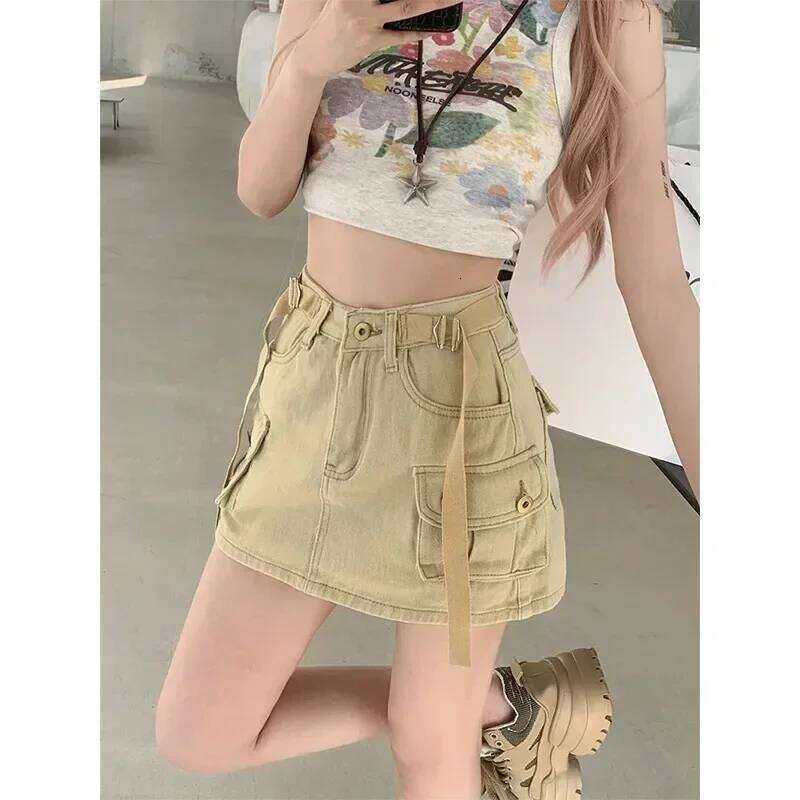 Khaki Cargo Denim Short dress Women American vintage A Word High Waist Skirt Gyaru Anti-exposure Hip-wrapped Culottes XJ260131