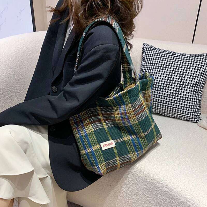 Tote Women's Bag Shoulder Wool Shopper Bags For Women Large Capacity Autumn Winter New Soft Plaid Ladies Travel Designer Handbag