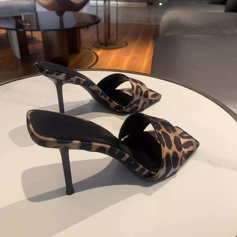 2026 New Satin Leopard Print One-Strap Sandals for Women Sexy High Heels Square peep Toe Elegant Design Shoe Slippers