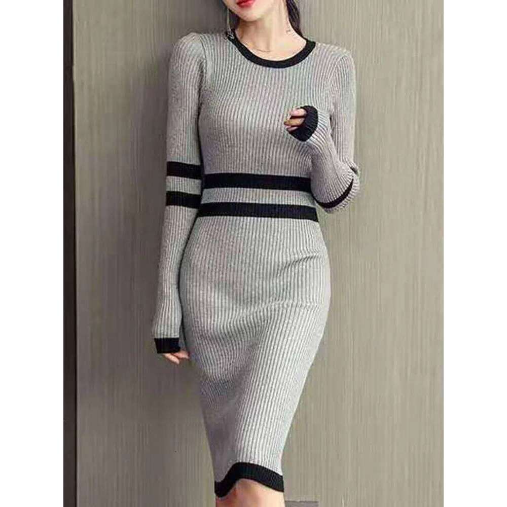 Stretch Knit Pencil Spring Korean Version Pullover Full Sleeve Simple Color Matching High Waist Slim Elegant Office Dress XJ260131