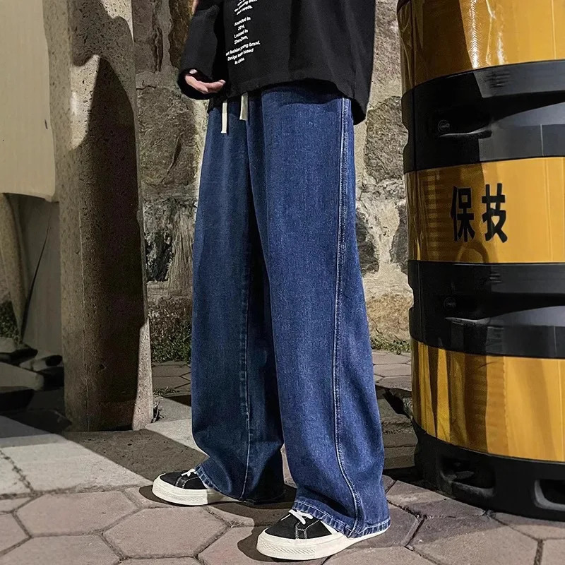 Streetwear Loose Jeans Men Korean Style Fashion Loose Straight Wide Leg Pants Mens Clothing Black Light Blue 260122