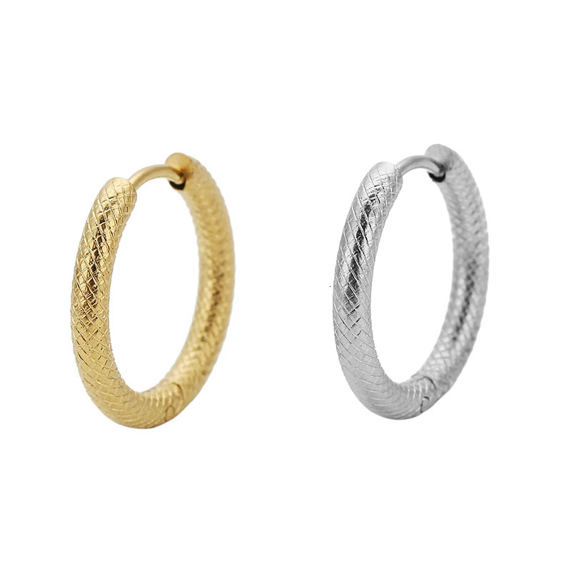 6pcs 10/12/14mm Stainless Steel Gold Color Round Ear Rings Grid Texture Hoop Earrings for Female Jewelry Accessories 260126