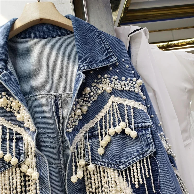 Vintage Blue Heavy Work Beading Tassels Denim Jacket Women Cowboy Outerwear Loose Short Three Quarter Sleeve Jeans Female 260120