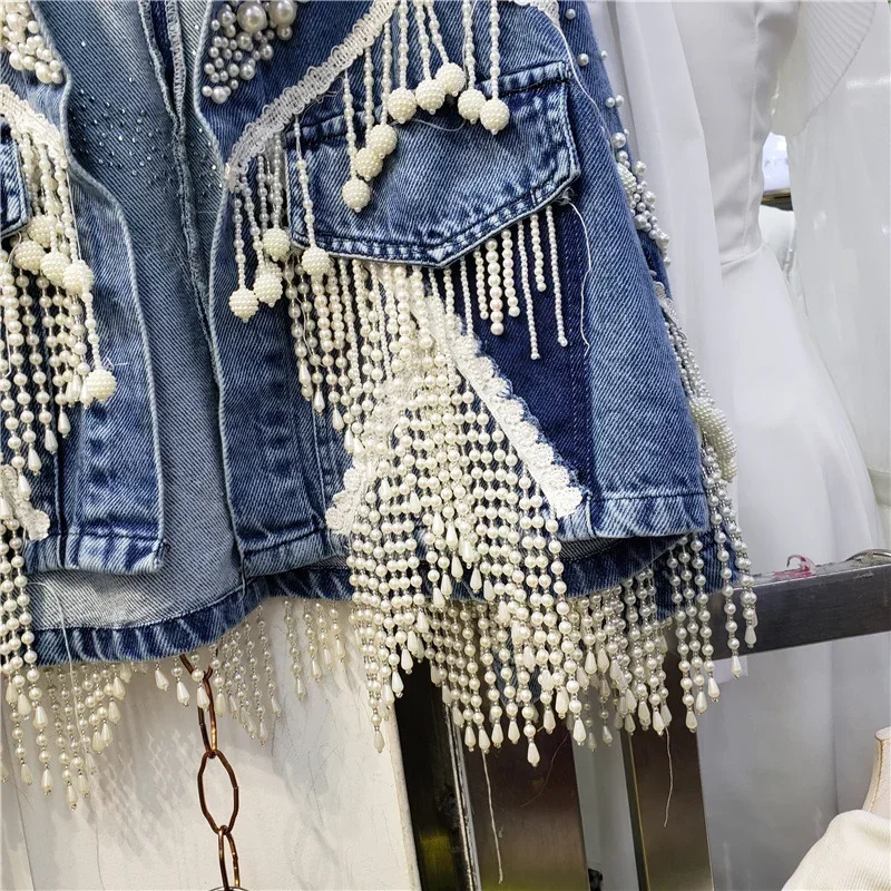 Vintage Blue Heavy Work Beading Tassels Denim Jacket Women Cowboy Outerwear Loose Short Three Quarter Sleeve Jeans Female 260120