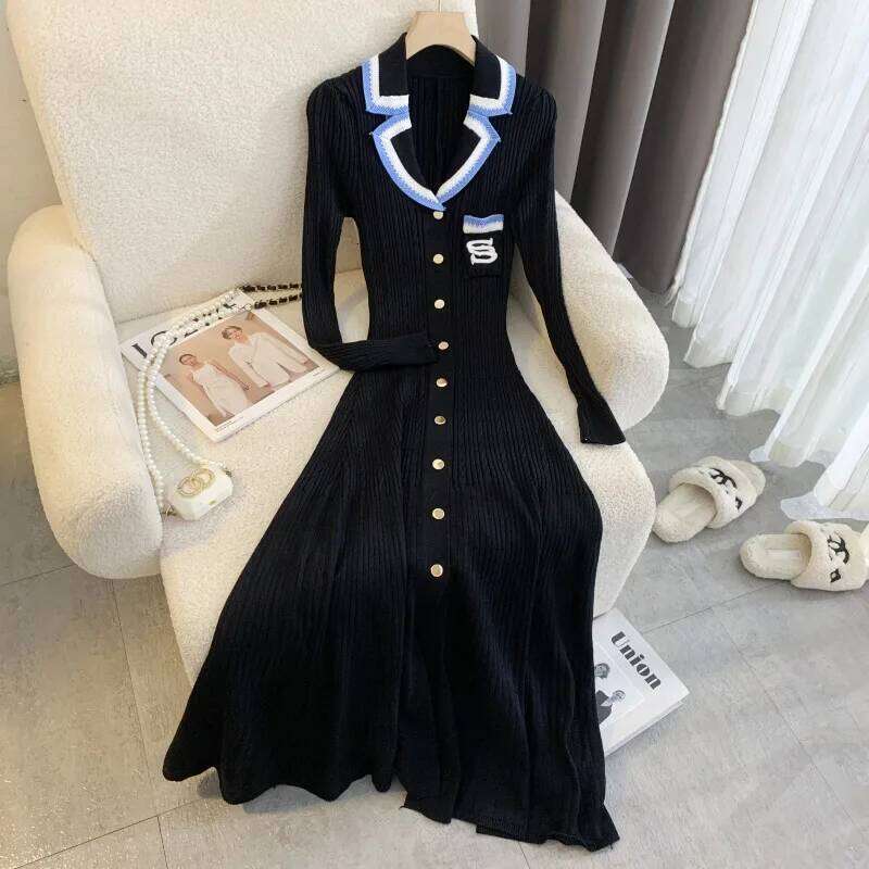YuooMuoo Elegant Embroidery Letter Knitted Maxi Autumn Winter Brand Fashion Lady Notched Black Sweater Dress Office Robes XJ260131