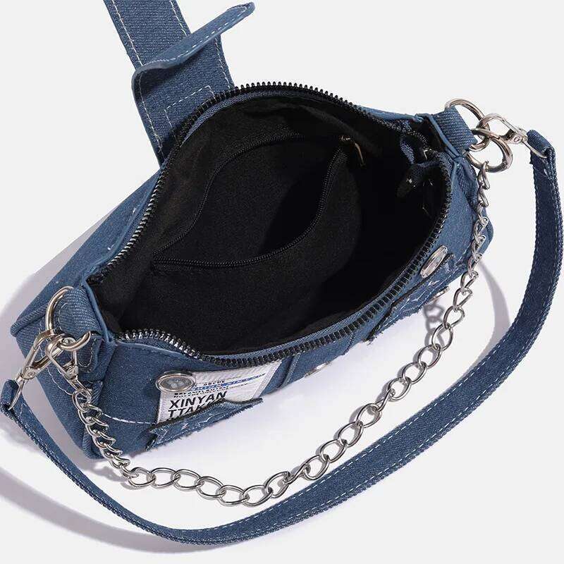 Fashion Women's Handbags Blue Denim Stars Pattern Cool Girls Y2K Underarm Canvas Female Small Shoulder Bags Chain Tote Bag