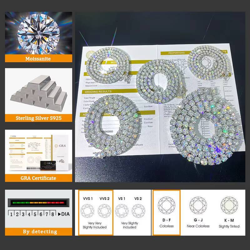 Pass Diamond Tester Large Stock Hip Hop Jewelry 20mm-65mm VVS Moissanite Diamond 925 Silver Tennis Necklaces Ice Chain