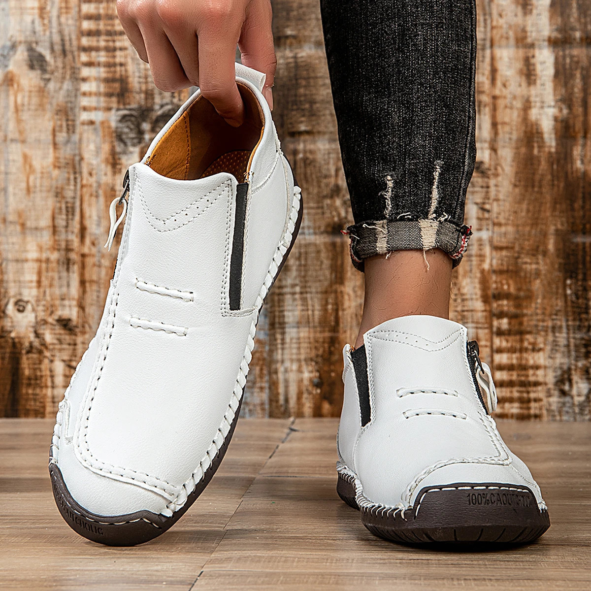 Classic Handmade Leather Mens Shoes with Zipper Outdoor Sneakers Casual Flat Shoes Men Work Shoes Ankle Boots 260126