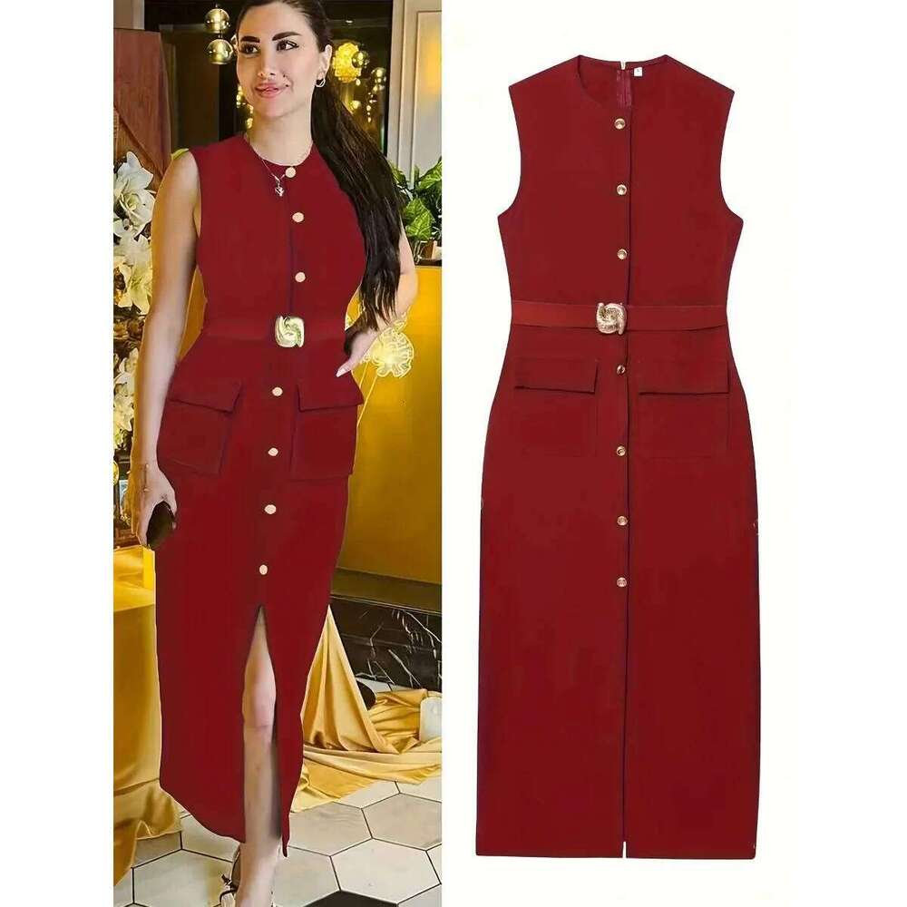 Womans Sleeveless Crew-neck Solid-color Waist-cinched Dress Tailored Button-down Long Skirt for Commuting Wear Formal Dinners XJ260131