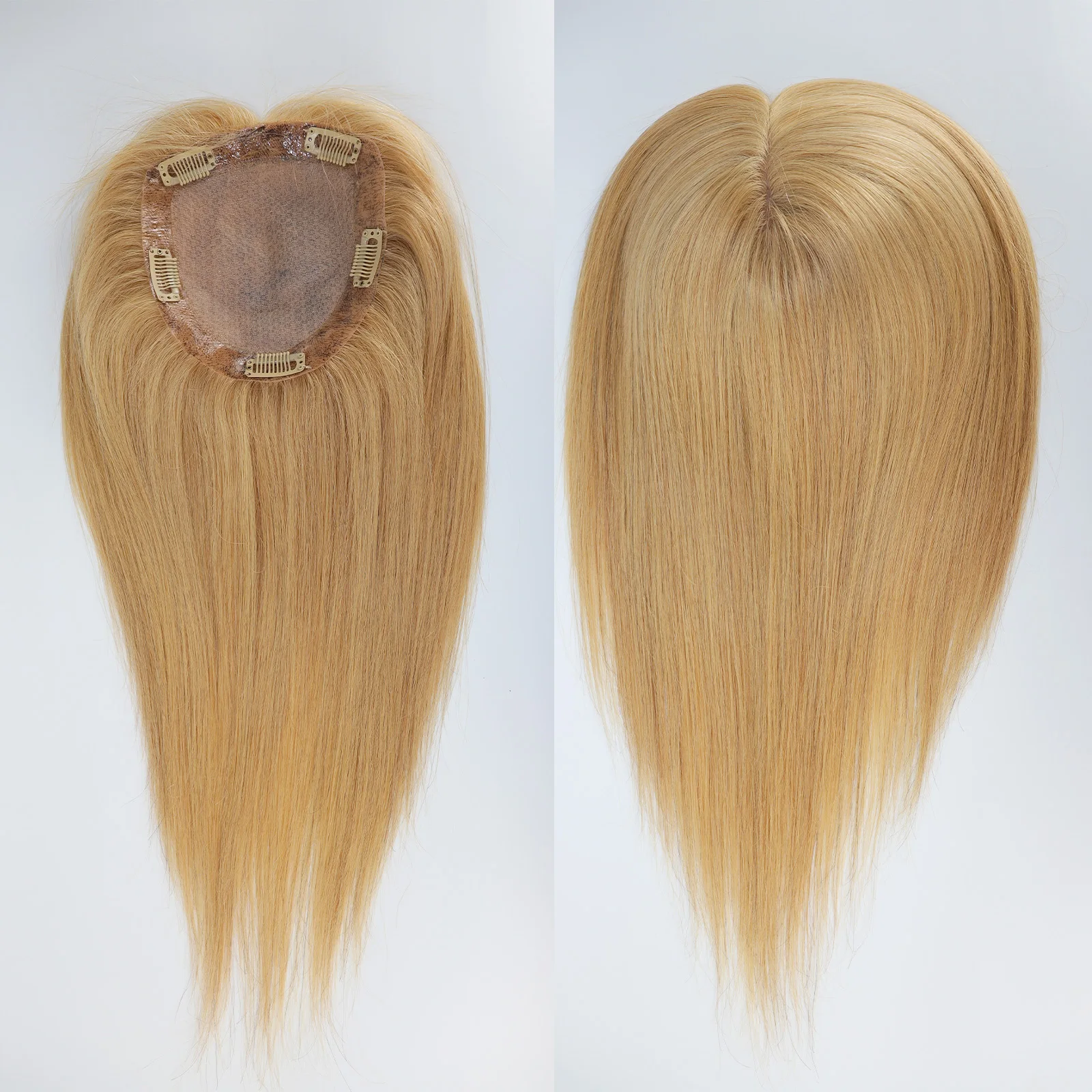 6x6" Golden Blonde Virgin Human Hair Topper Silk Skin Base Women Toupee Silk Top Hair great Cover with Clips in & PU Edges Color #27 15x16cm