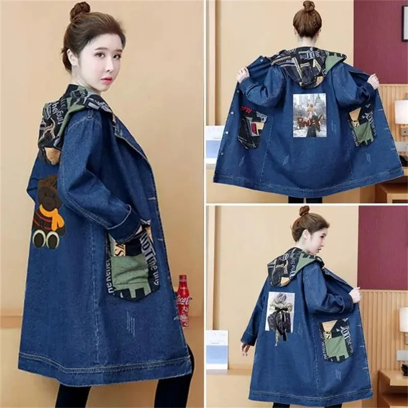2025 Spring Autumn Denim Jacket Women Hooded Windbreaker Cartoon Printed Coat Long Outerwear Female Oversize 5XL Loose Overcoat 260120