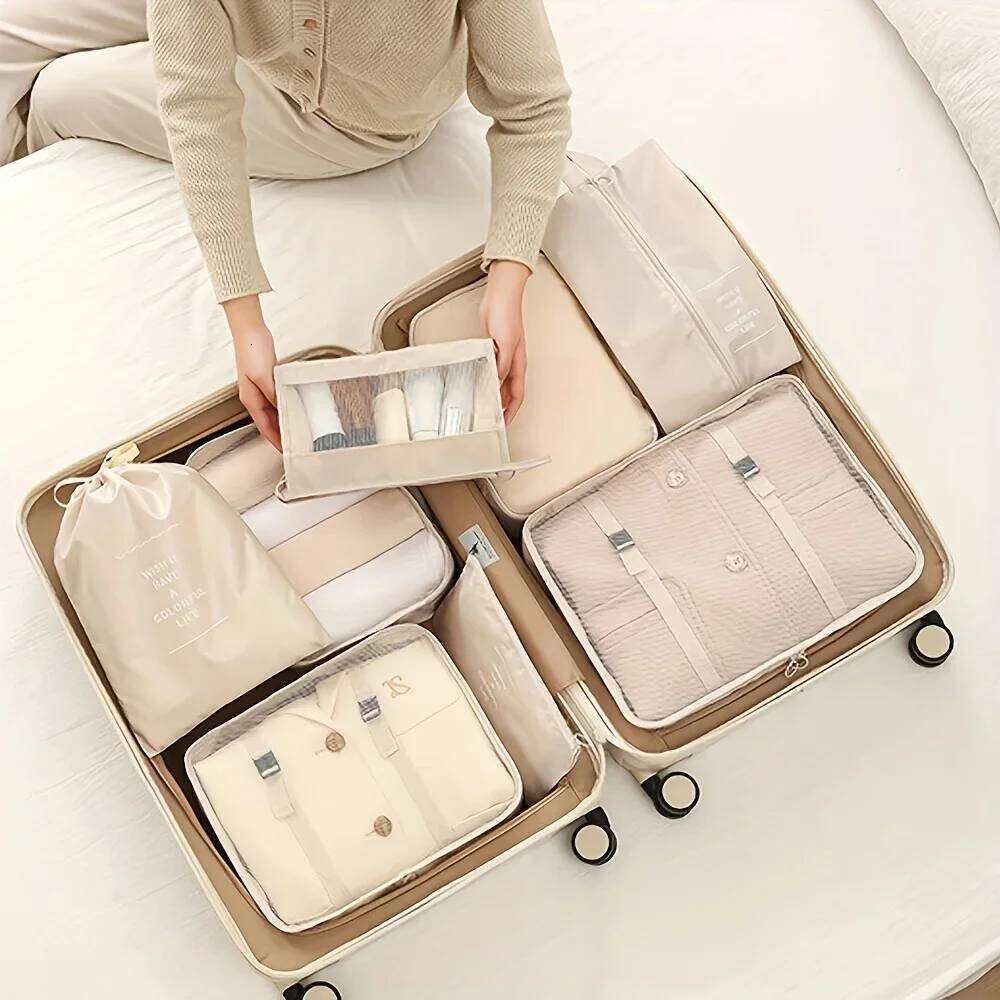 7pcs Large Capacity Travel Organizer Set, Nylon Packing Cubes With Storage Pouch Vacation Style, Portable Luggage Bags