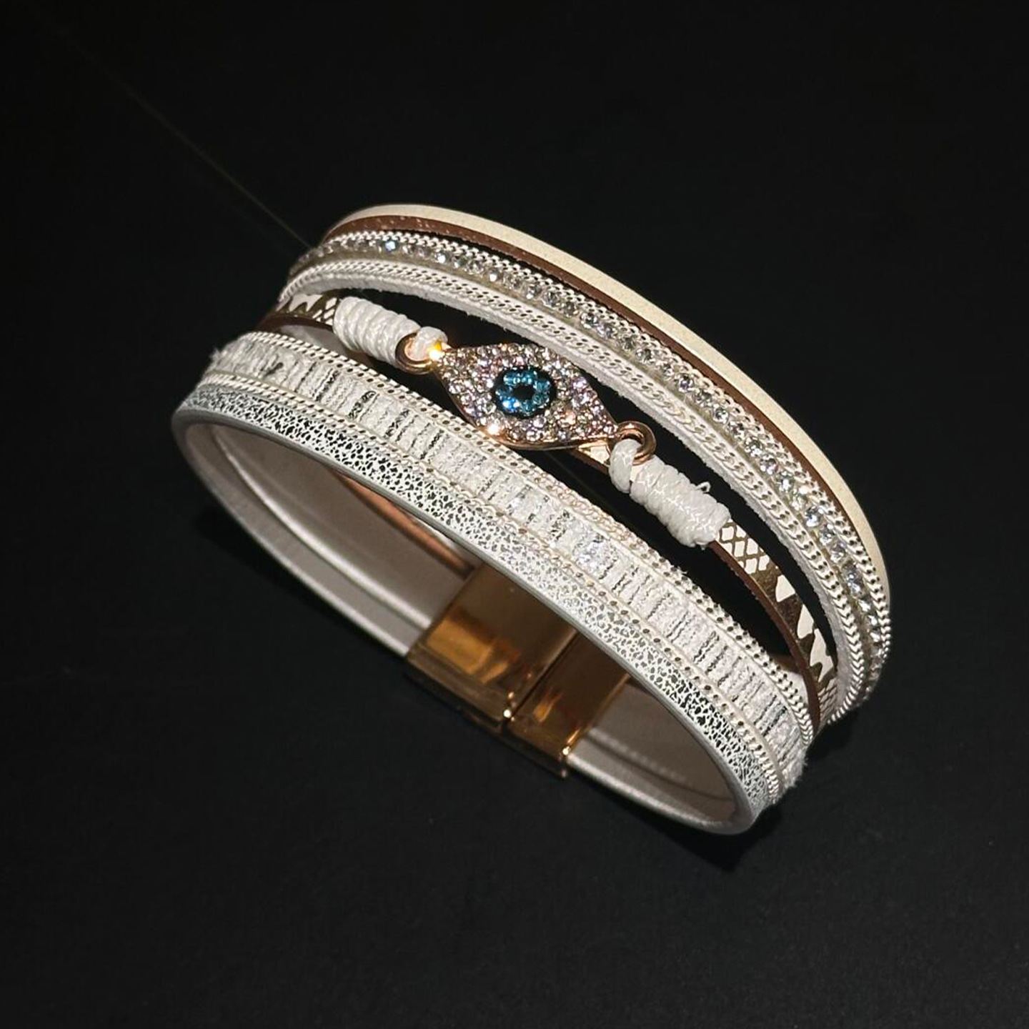 Inlaid Diamond Leather Devil's Eye Multi-layer Magnetic European and American Retro Light Luxury Bracelet Niche Design Sense Jewelry for Women