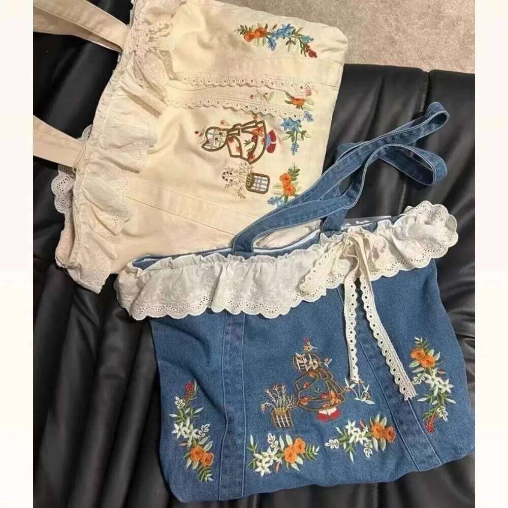 Spring Summer New Original Artistic Retro Lace Patchwork Embroidery Single Shoulder Denim Handbag Embroidered Canvas Bag