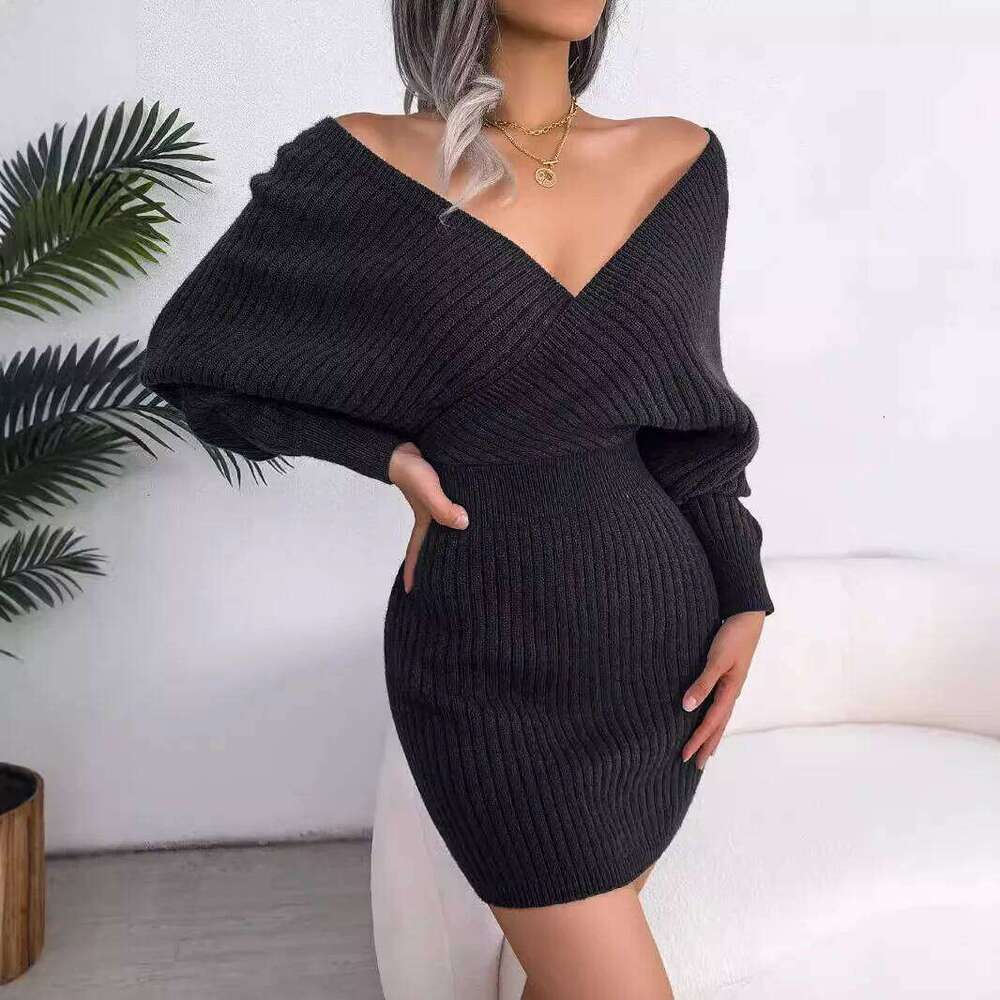 Sexy Cross Deep V Neck Batwing Sleeve Knitted Skirt with Hip Wrapping Autumn Winter Ribbed Design Party Dress for Woman XJ260131