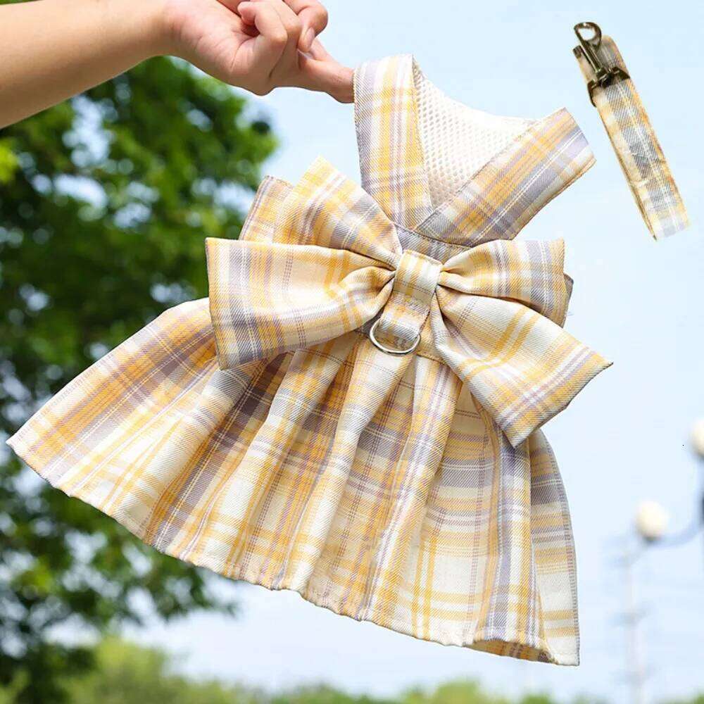 with Leash Traction Dog Plaid JK Dress Thin Dacron Harness Skirt Washable Adjustable Pet Vest Clothes Cat H260129