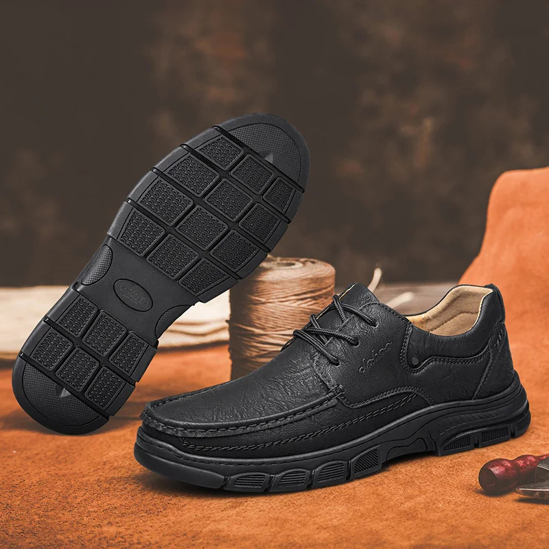 CLOHOO Mens Handmade Thick Rubber Bottom Breathable Casual Leather Shoes Classic Sewn Loafers Comfortable Leisure Footwear 260126