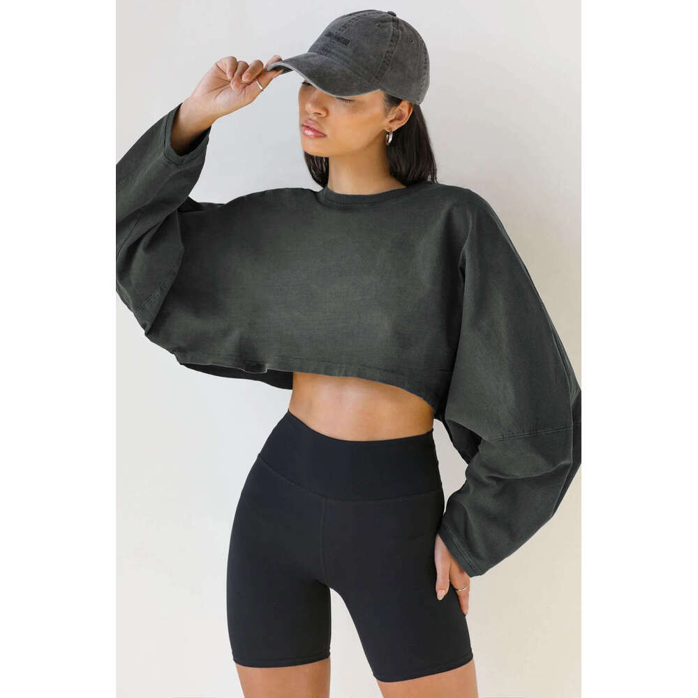 2025 Cross-Border Crop Round Neck Sweatshirt European and American Women's Fashion Short Sports Base Shirt T-Shirt Knitted Long Sleeve Top
