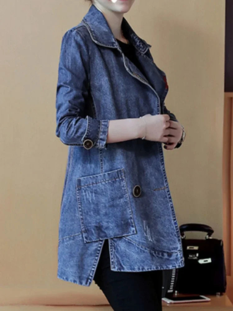 2024 Autumn Style Fashion Womens Denim Jacket MediumLong Suit Collar Lapel DoubleBreasted Solid Color 260120
