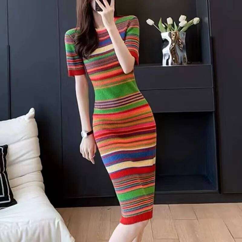Women's Spring Summer Fashion Temperament Round Neck Colorful Stripes Versatile Short Sleeved Slim Fit Mid Length Knitted Dress XJ260131