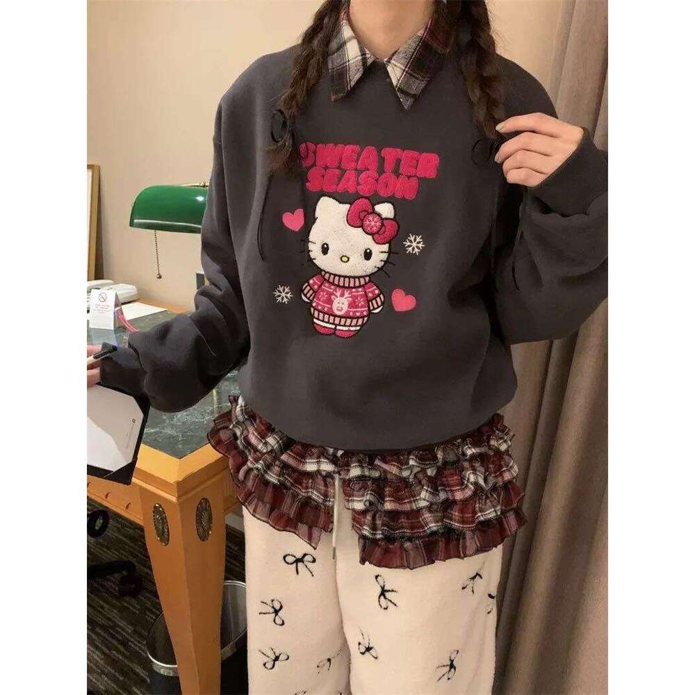 Korean Style Atmosphere Kitty Snowflake Patch Embroidery Fleece Sweatshirt For Women Winter New Loose Versatile Long Sleeve Top