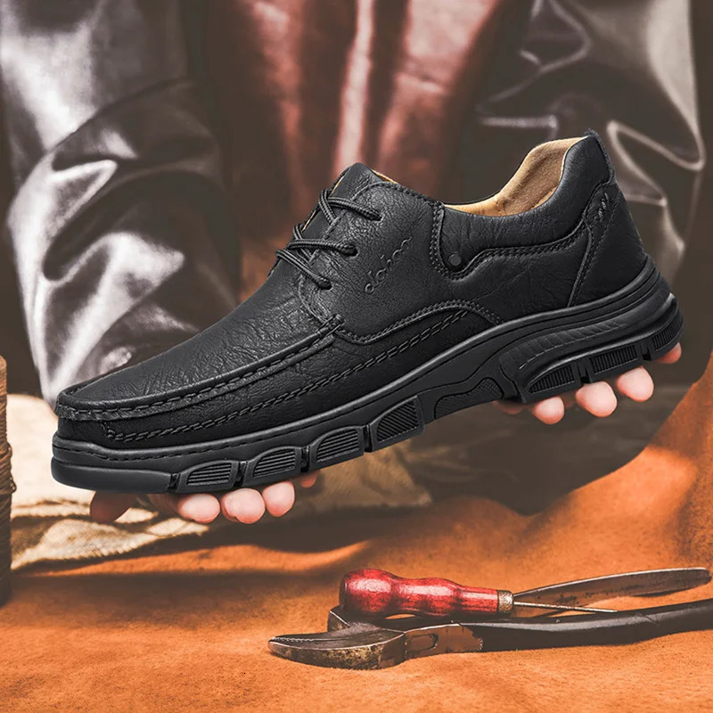 CLOHOO Mens Handmade Thick Rubber Bottom Breathable Casual Leather Shoes Classic Sewn Loafers Comfortable Leisure Footwear 260126